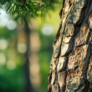 Tronco da árvore de Pinus Pinaster na floresta com foco na casca que sai o extrato