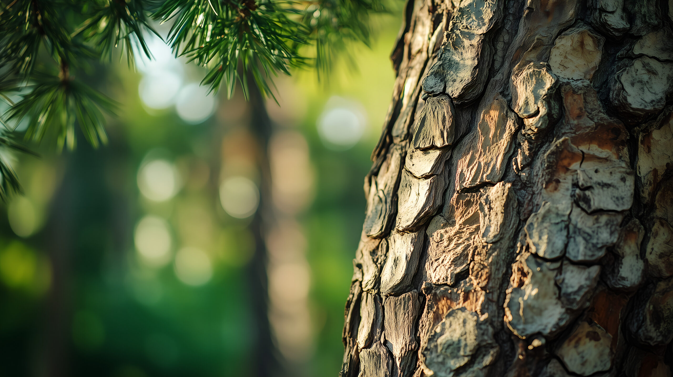 Tronco da árvore de Pinus Pinaster na floresta com foco na casca que sai o extrato